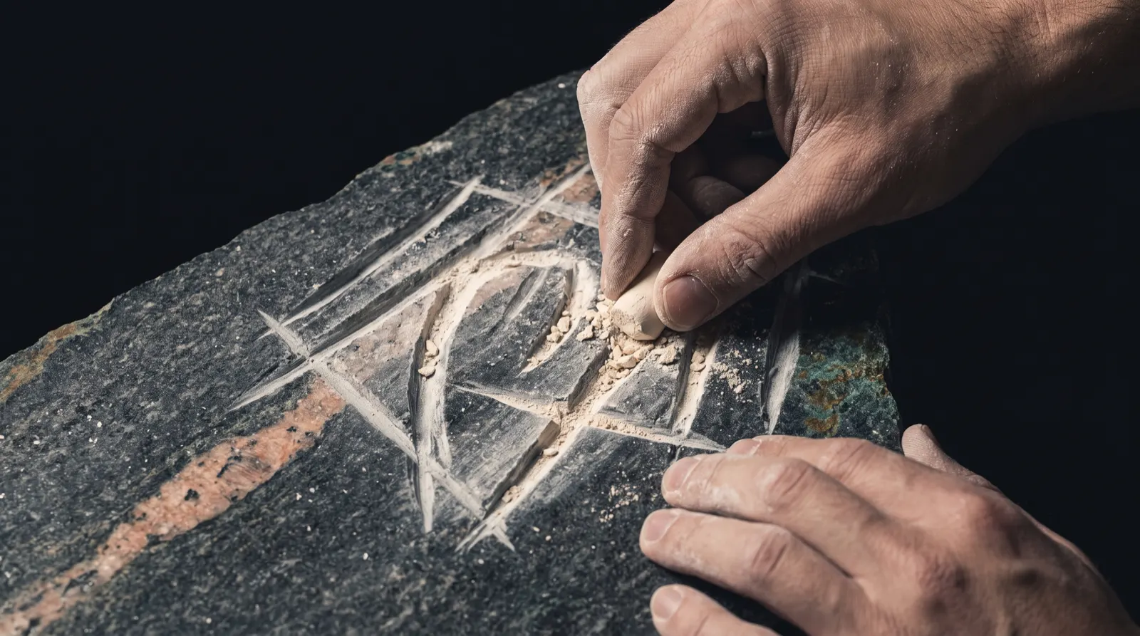 Manos aplicando cal sobre una inscripción tallada en piedra